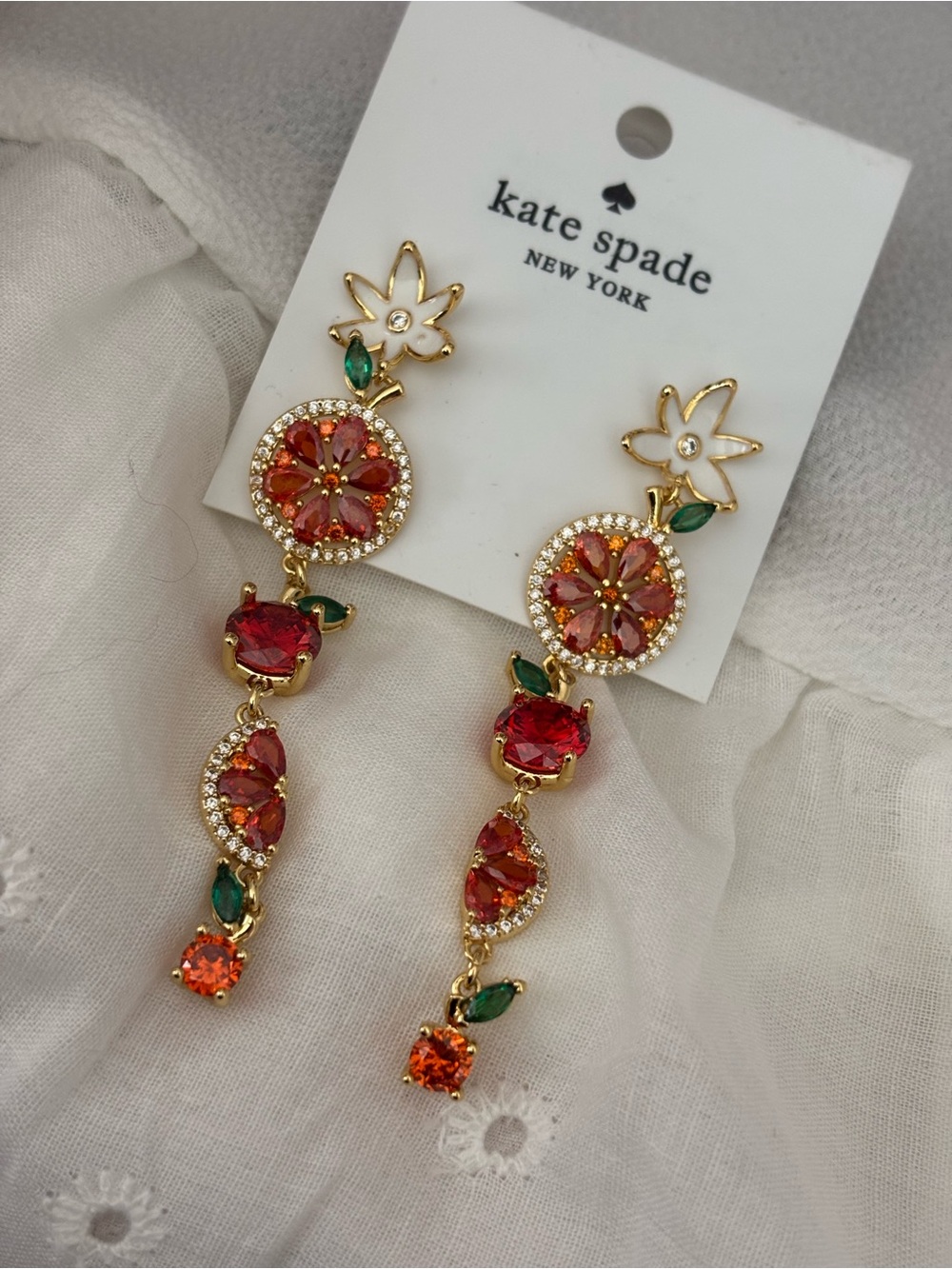 kate spade gold-tone orange & red floral drop earrings with green accents
